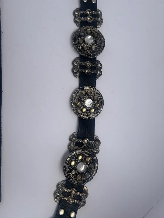 Black Studded Leather Belt with Ornate Silver Medallions - Picture 4 of 4